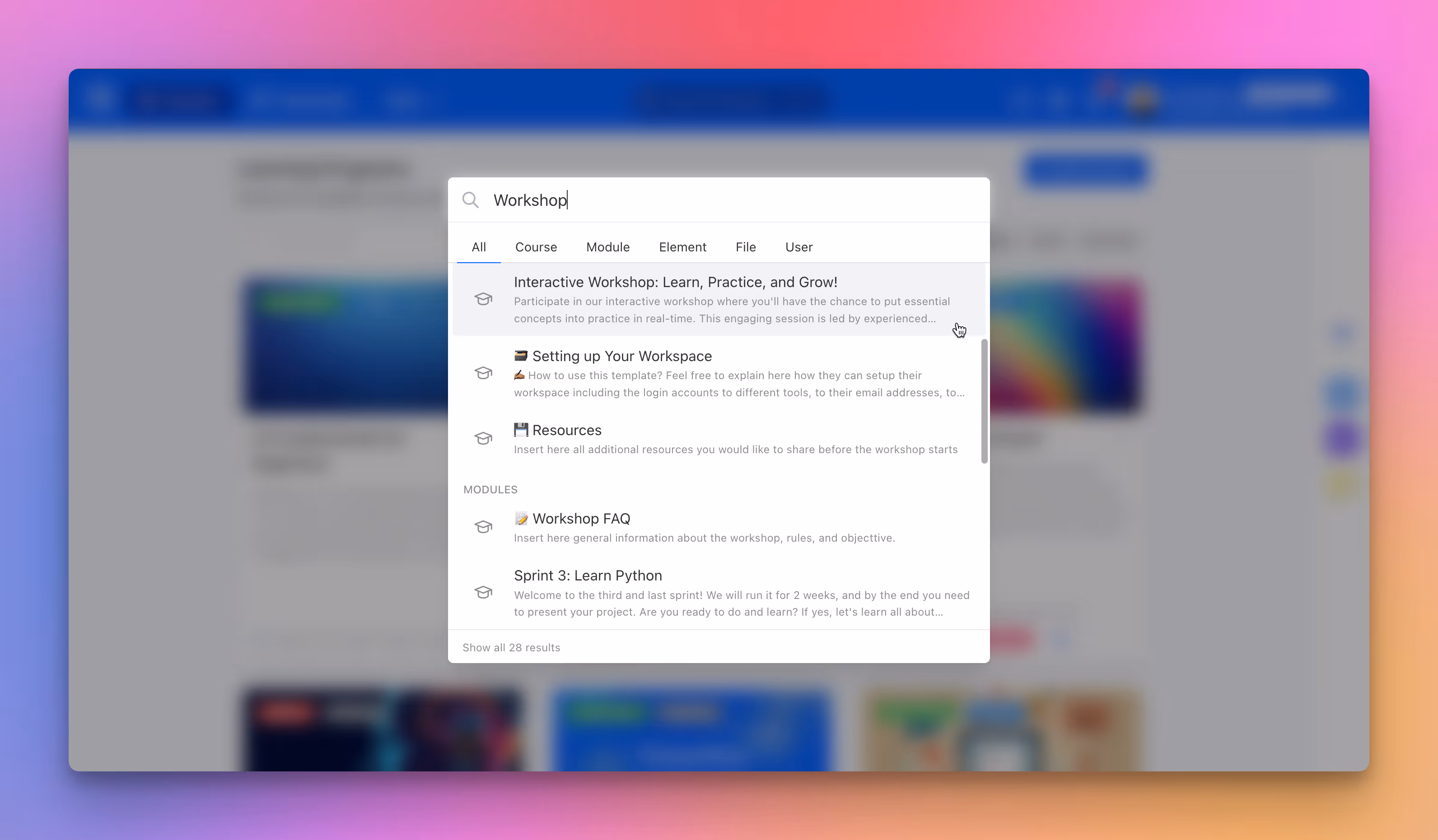 Search Bar: Find Courses, Lessons, Files, and Users Instantly